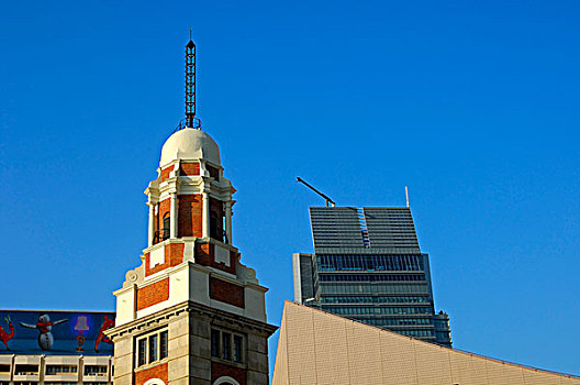 尖顶,老,钟表,塔,现代,高层建筑,后面,九龙,香港,亚洲