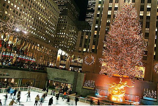 滑冰场,圣诞树,洛克菲勒中心,纽约,美国