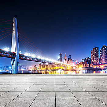 城市,天際線,靠近,橋,重慶,夜晚,空,地面