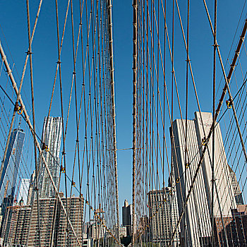 仰视,布鲁克林大桥,天际线,曼哈顿,纽约,美国