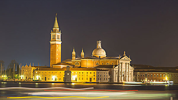教堂,圣乔治奥,马焦雷湖,钟楼,夜晚,光影,船,正面,威尼斯,威尼托,意大利,欧洲