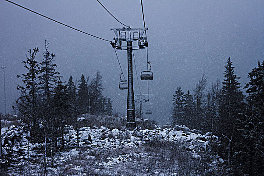 俯拍,缆车,山,暴风雪