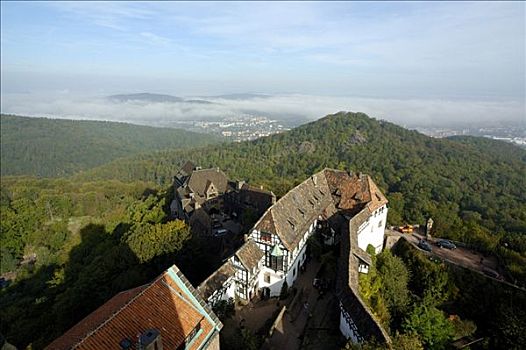 世界遗产,瓦尔堡,德国,图林根州,俯视,城堡,树林