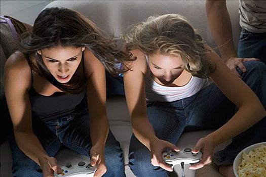 俯拍,两个,女青年,玩,电子游戏