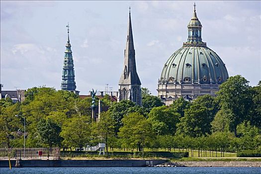 风景,穹顶,教堂,港口,哥本哈根,丹麦,欧洲
