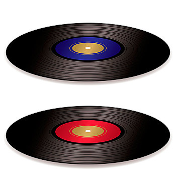 一对,旧式,黑胶唱片,唱片,蓝色,红色,标签