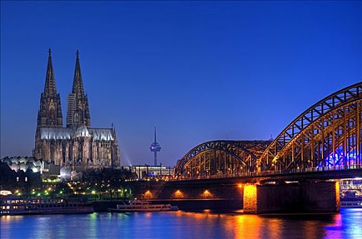 科隆大教堂,桥,夜晚,北方,德国,欧洲