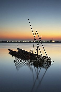船,湄公河,日落,老挝