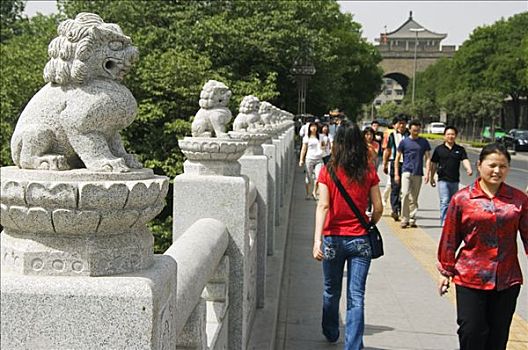 狮子,雕塑,装饰,桥,南方,大门,城市,墙壁,西安,陕西,中国
