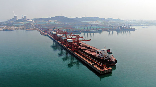 山东省烟台市,40万吨矿石码头生产作业繁忙有序,附近海面成群结队的鱼儿畅游