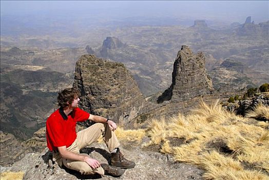 登山者,享受,风景,峡谷,落基山,山峦,国家公园,靠近,埃塞俄比亚