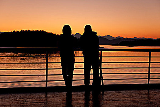 伴侣,日落,甲板,头部,靠近,东南阿拉斯加,秋天