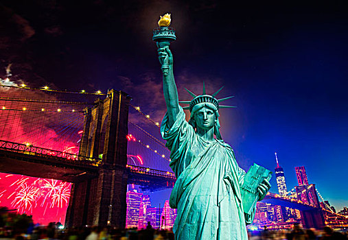 自由,雕塑,布鲁克林大桥,七月,烟花,纽约,北美