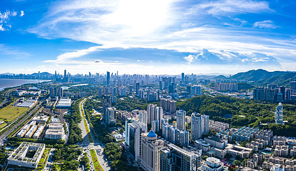 深圳竹子林上空航拍深圳湾,深南大道,南山,福田等城市天际线全景风光