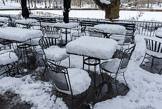 咖啡,椅子,桌子,积雪,中央公园,冬天,纽约,美国,北美