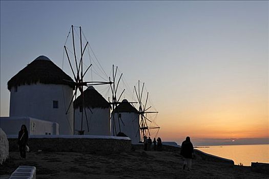 风车,日落,米克诺斯岛,希腊