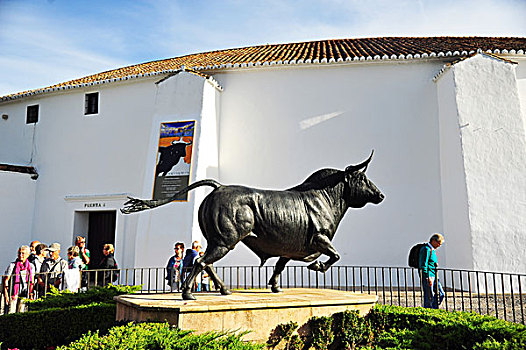 公牛,雕塑,正面,斗牛场,隆达,安达卢西亚,西班牙,欧洲