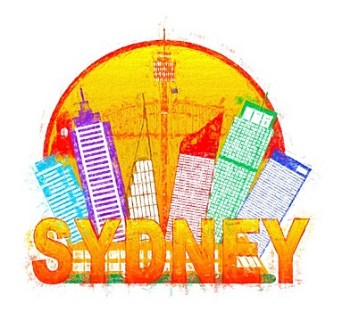 悉尼,澳大利亚,天际线,圆,彩色,印象派,插画
