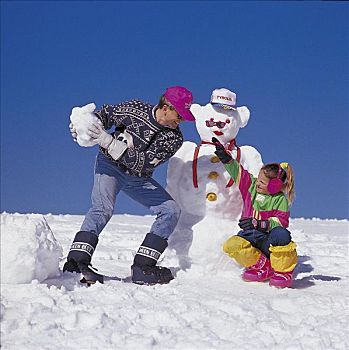 建筑,雪人,男人,孩子,乐趣,冬天,雪,欧洲