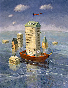 插画,船,写字楼,洪水,城市