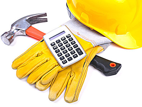 建筑工地,安全帽,锤子,手套,计算器