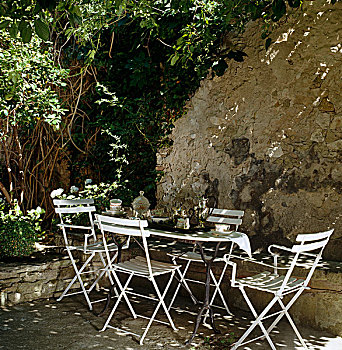 简单,花园桌,白色,椅子,小,梯田