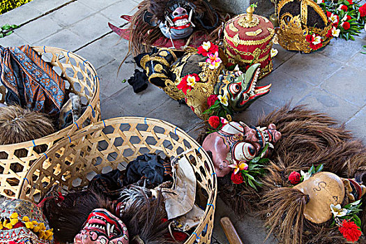 印度尼西亚,巴厘岛,面具,仪式,头部,服装,装饰,红色,木槿,鸡蛋花,花