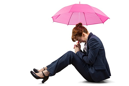 坐,职业女性,拿着,粉色,伞