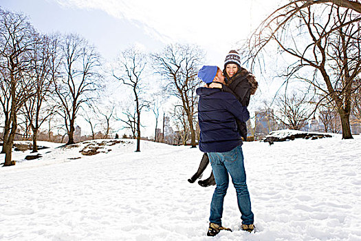 浪漫,男青年,女朋友,雪,中央公园,纽约,美国