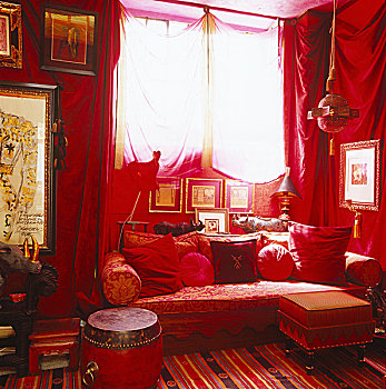客厅,墙壁,长度,红色,布,沙发床,品种,散落,垫子