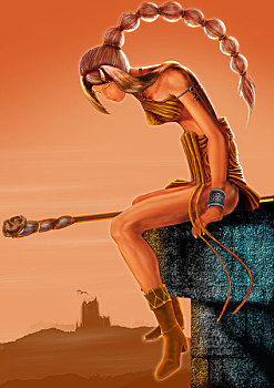 游戏插画,劳拉,橘红色背景,长辫子,坐在屋顶,侧身