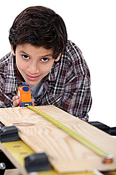 男孩,木匠,测量,木头