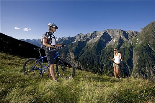 山地自行车,会面,远足,女人,北方,提洛尔,奥地利,欧洲
