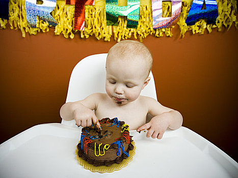 婴儿,吃,生日蛋糕