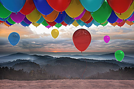许多,彩色,气球,高处,风景