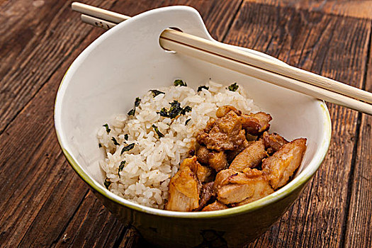 米饭,鸡肉,碗,亚洲,盘子