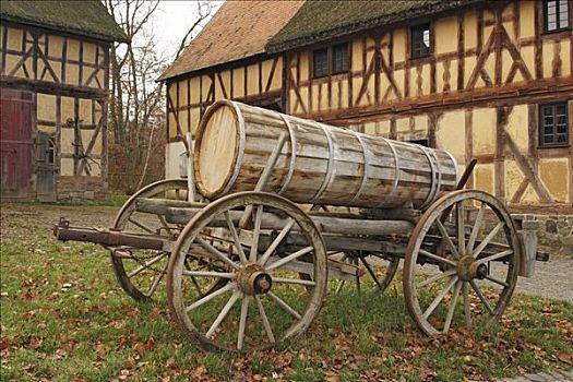 古老,木质,手推车,木桶,正面,框架,建筑,露天博物馆,黑森公园,黑森州,德国