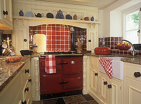 乡村风格,厨房,大,红色,烤炉,砖瓦,地面