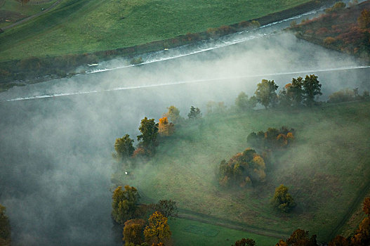 雾,弯曲,秋天,清晨,埃森,鲁尔区,北莱茵威斯特伐利亚,德国