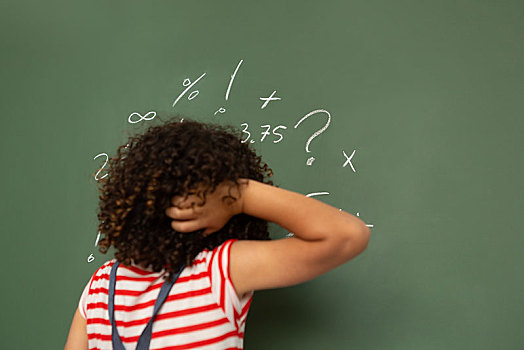 女生,解决,数学,程式,绿色,黑板,教室