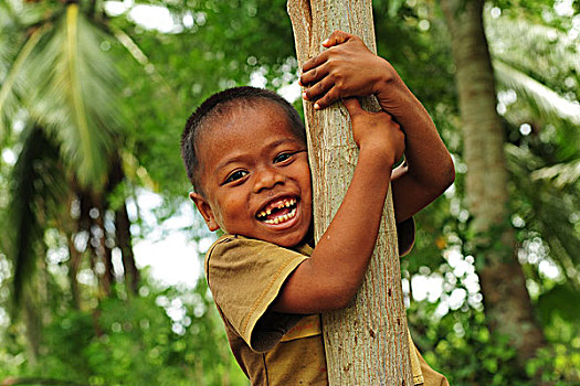 indonesia,sumatra,banda,aceh,young,smiling,boy,climbing,tree