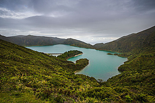 葡萄牙,亚速尔群岛,岛屿,山,俯视图,福古岛,湖