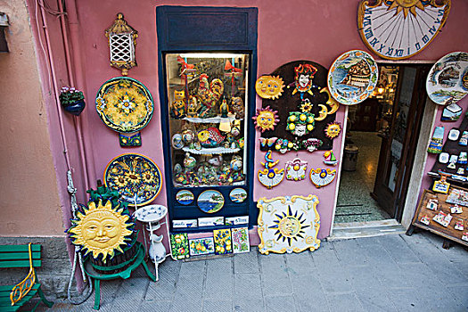 彩色,陶器,展示,马纳罗拉,利古里亚,意大利