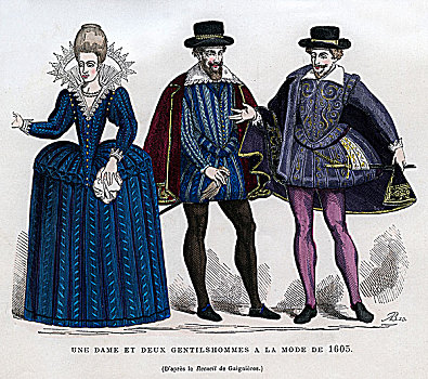女士,两个,绅士,法国人,连衣裙