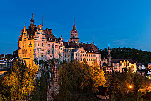 城堡,黄昏,巴登符腾堡,德国,欧洲