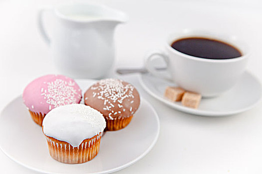 小,松糕,咖啡,白色背景,盘子,糖,牛奶,白色,背影