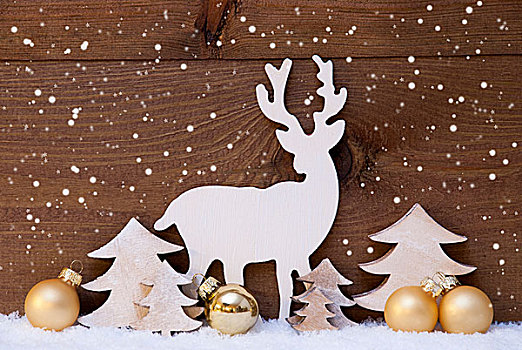 金色,圣诞装饰,雪,树,驯鹿,雪花