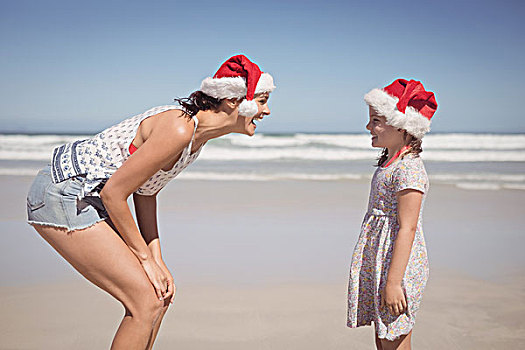 愉悦,女人,女儿,穿,圣诞帽,海滩,清晰,蓝天