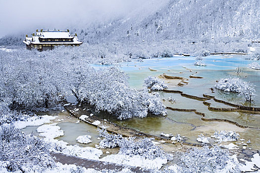 水塘,正面,庙宇,黄龙,四川,中国