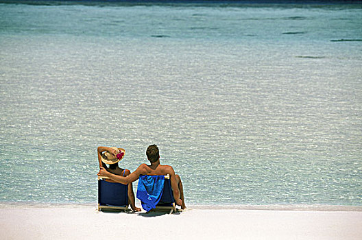 亚洲,马尔代夫,环礁,情侣,放松,海滩,椅子